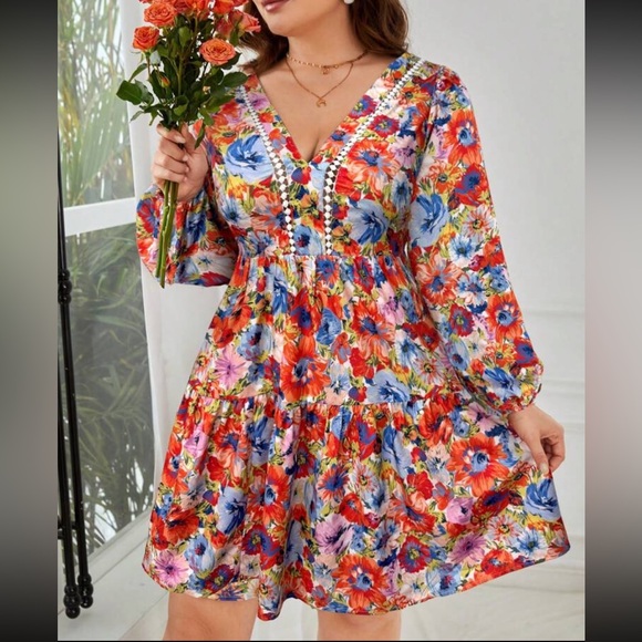 Boho Plus Size Floral Print Open Back Tie Lantern Sleeve Ruffle Hem Dress - Picture 2 of 6